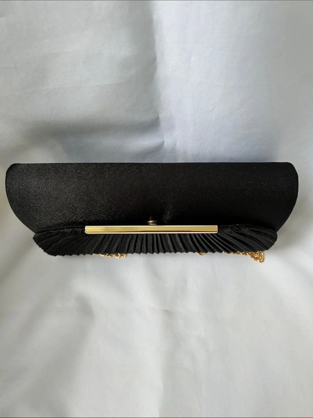 Black Pleated Evening Clutch with Gold Chain